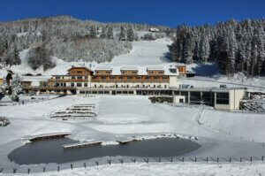 Winterurlaub-4-Sterne-Familienhotel-Kaernten-Oesterreich-Schwimmteich-Chalet-Familienurlaub-mit-Kind-Baby-Petschnighof